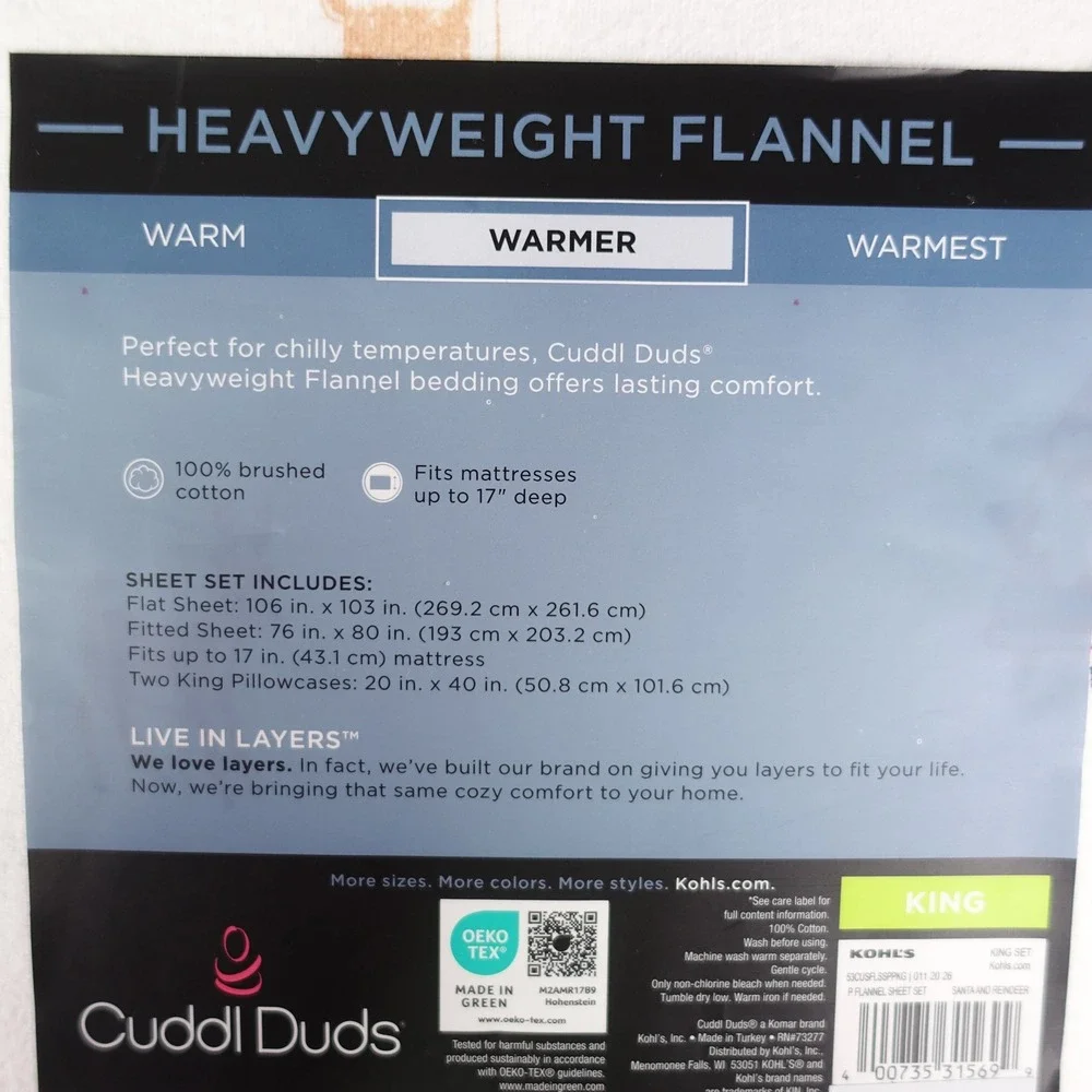 Cuddl Duds King Sheet Set Heavyweight Flannel Santa and Reindeer White Cotton